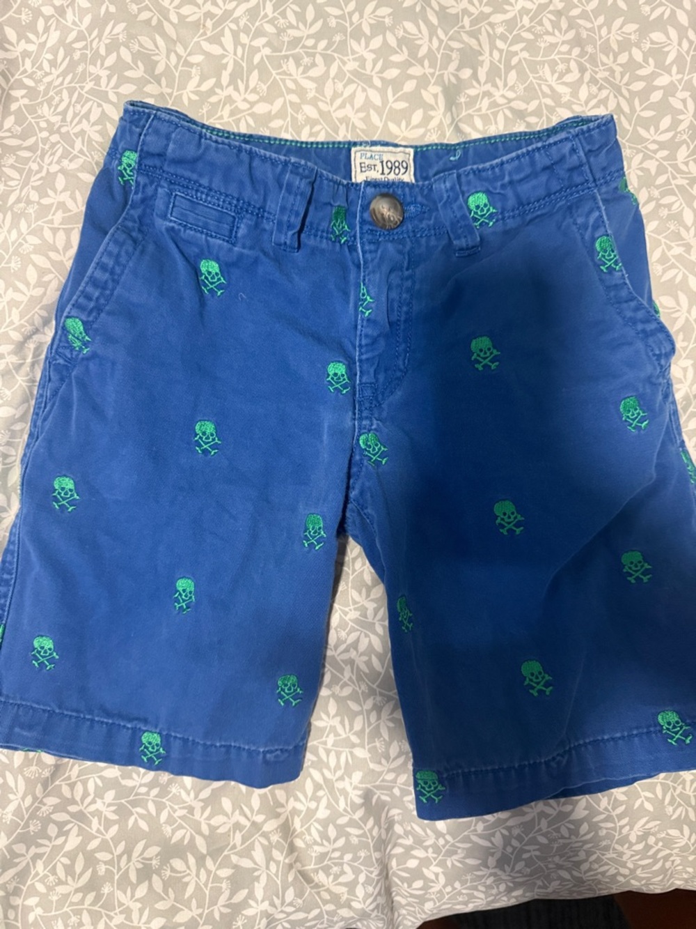 Place Blue Shorts with Green Skull Embroidery
